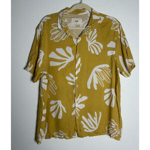 Folk Camp Shirt Mens M Gold Short Sleeve Linen Blend Tropical Hawaiian